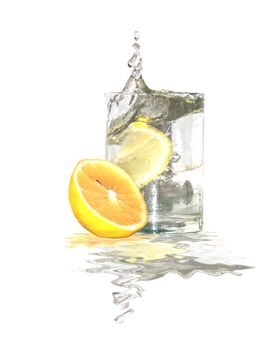 Glass of splashing water with lemon isolated on white background with clipping path