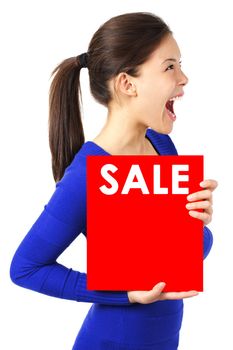 Sign woman, very excited. Beautiful mixed race asian / caucasian woman smiling holding sale sign. Isolated on white background.