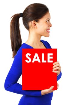 Woman with sign with copy space. Isolated on white background.