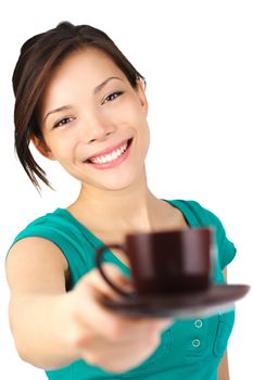  Coffee. Beautiful young woman with big smile serving an espresso. Cup is sharp, model out of focus. Isolated on white.