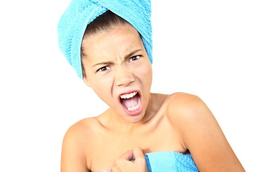 Angry and surprised out of shower woman shocked. Beautiful young woman model. Isolated on white background.