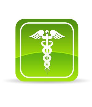 High resolution green caduceus health icon on white background.