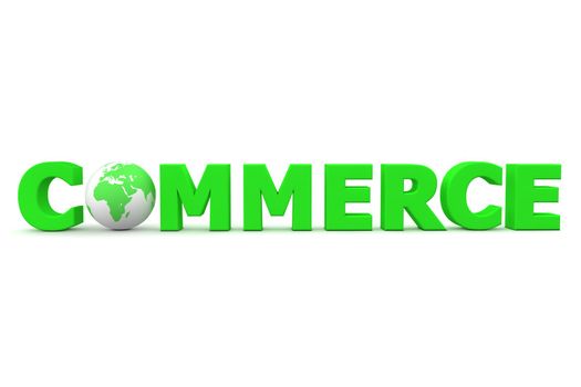 3D globe with word commerce in green - front view