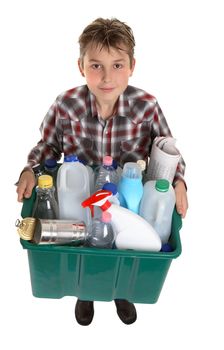 A boy with a bin of suitable trash for recycling.