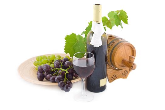 Red wine bottle, glass and cask with grapes over white