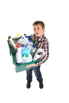 Child holding a recycling bin full of waste for recycling.