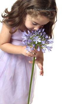 A young girl smelling a large agrican lily - agapanthus