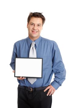 A businessman or salesman holds up a blank sign or chart