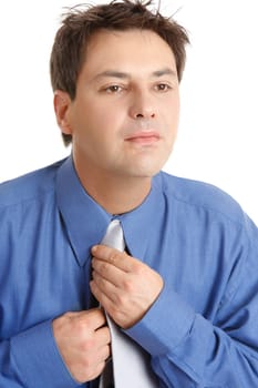 Businessman getting ready for work, interview or meeting.