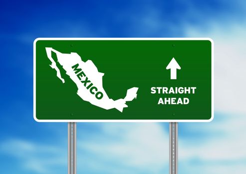 High resolution graphic of a green Mexico highway sign on Cloud Background. 