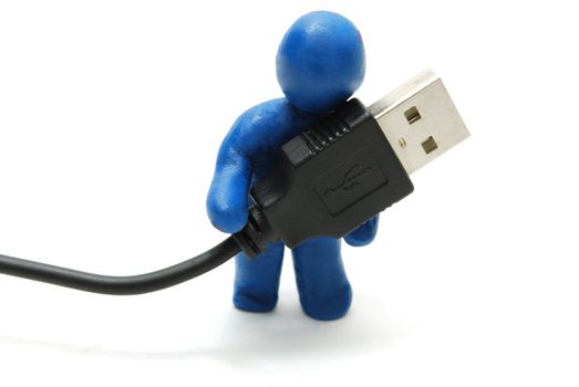 3D Plasticine Man Holding USB Connector Isolated on White