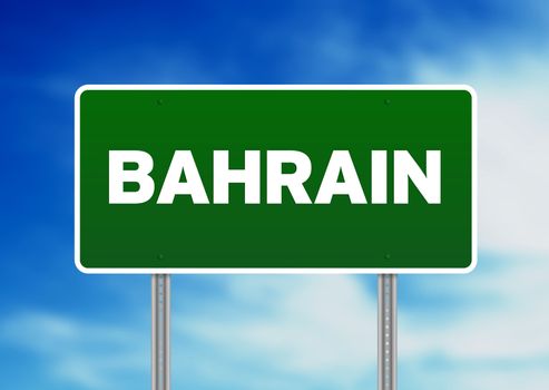 Green Bahrain highway sign on Cloud Background. 