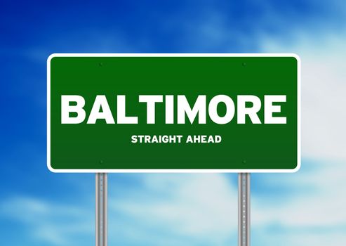 Green Baltimore, Maryland, USA highway sign on Cloud Background. 