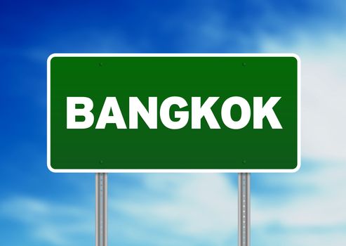 Green Bangkok highway sign on Cloud Background. 