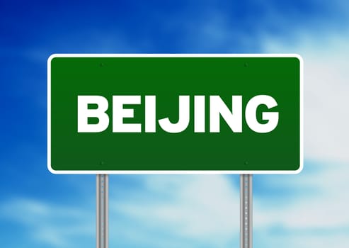 Green Beijing highway sign on Cloud Background. 