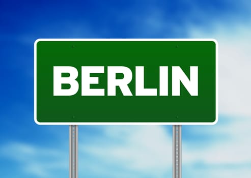 Green Berlin highway sign on Cloud Background. 