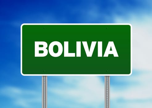 Green Bolivia highway sign on Cloud Background. 