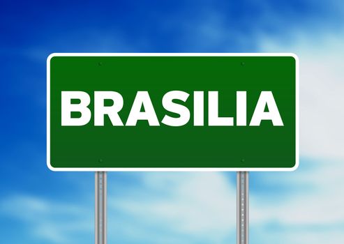 Green Brasilia road sign on Cloud Background.