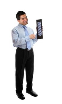 A salesman holding or presenting a mens silk tie or other boxed product.  White background.