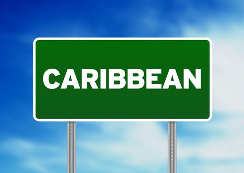 Green Caribbean highway sign on Cloud Background. 