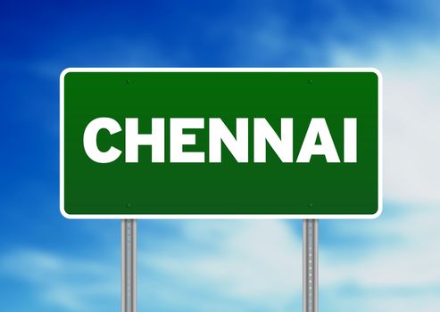 Green Chennai Road sign on Cloud Background. 