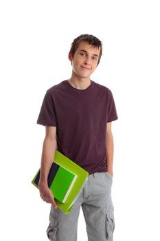 A male student carrying books and folder.  White background.