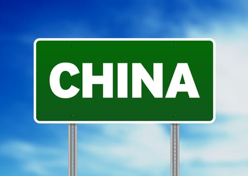 Green China highway sign on Cloud Background. 