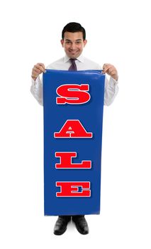 A very happy confident businessman or salesman holding a SALE banner sign