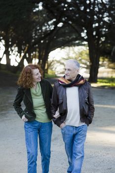 Happy Senior Couple Taking a Walk in a Park