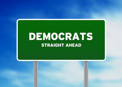 Green Democrats Highway Sign on Cloud Background. 