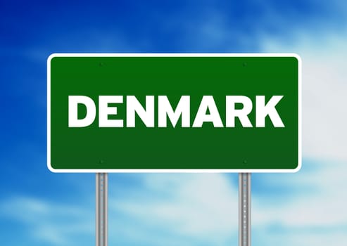 Green Denmark rewards highway sign on Cloud Background. 