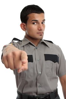 A security guard, prison officer or other similarly dressed occupation.  Man is pointing his finger 