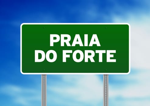 Green Praia do Forte, Brazil road sign on Cloud Background. 