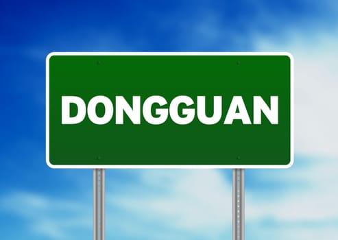 Green Dongguan road sign on Cloud Background. 