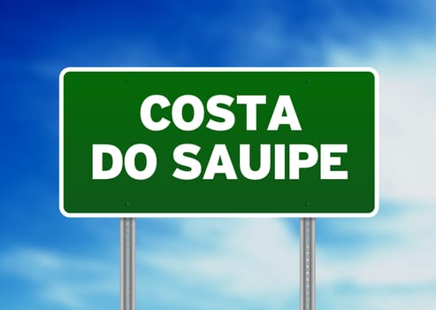 Green Costa Do Sauipe highway sign on Cloud Background. 