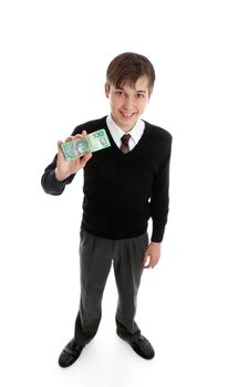 Happy schoolboy student or young worker holding money.  Only showing one side 50% of banknote showing.
(http://www.secretservice.gov/money_illustrations.shtml)