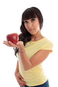 A young woman holding a piece of fruit in the palm of her hand.