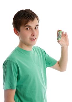 A smiling teenager holding some money cash rolled up in his hand.