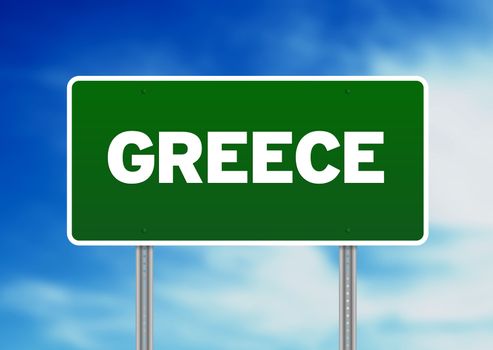 Green Greece highway sign on Cloud Background. 
