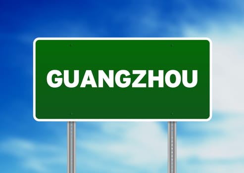 Green Guangzhou highway sign on Cloud Background. 