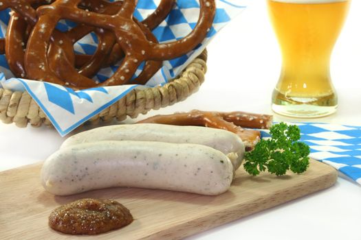 veal sausage with sweet mustard and pretzels