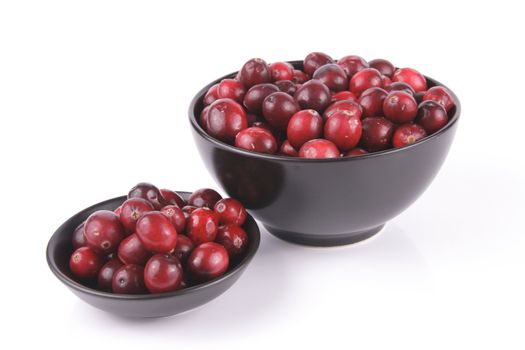 Red ripe cranberries in a small round black bowl and a larger black bowl with a reflective white background