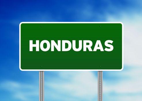 Green Honduras highway sign on Cloud Background. 