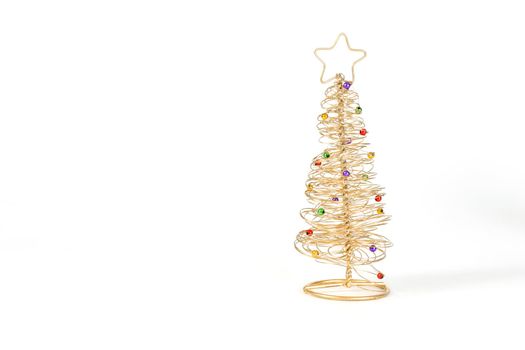 Gold wired Christmas tree on white background.
