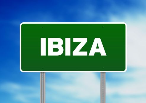 Green Ibiza highway sign on Cloud Background. 