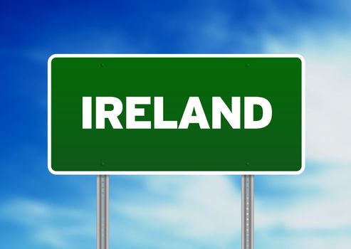 Green Ireland highway sign on Cloud Background. 