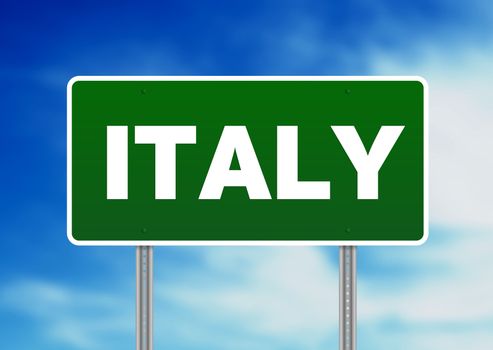 Green Italy highway sign on Cloud Background. 