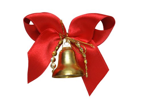 Nice red gift bow with golden bell isolated on white background with clipping path