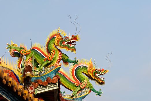 Chinese dragons in roof of traditional temple with blue sky.