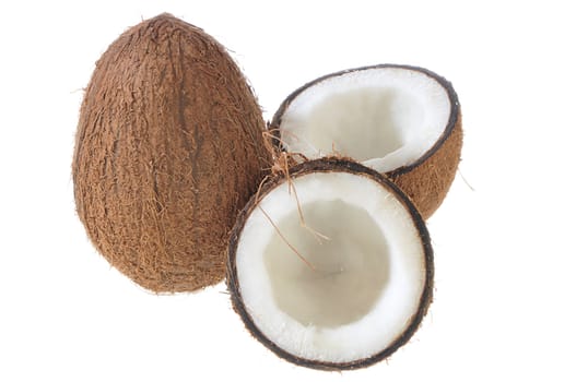 Broken coconut on white background